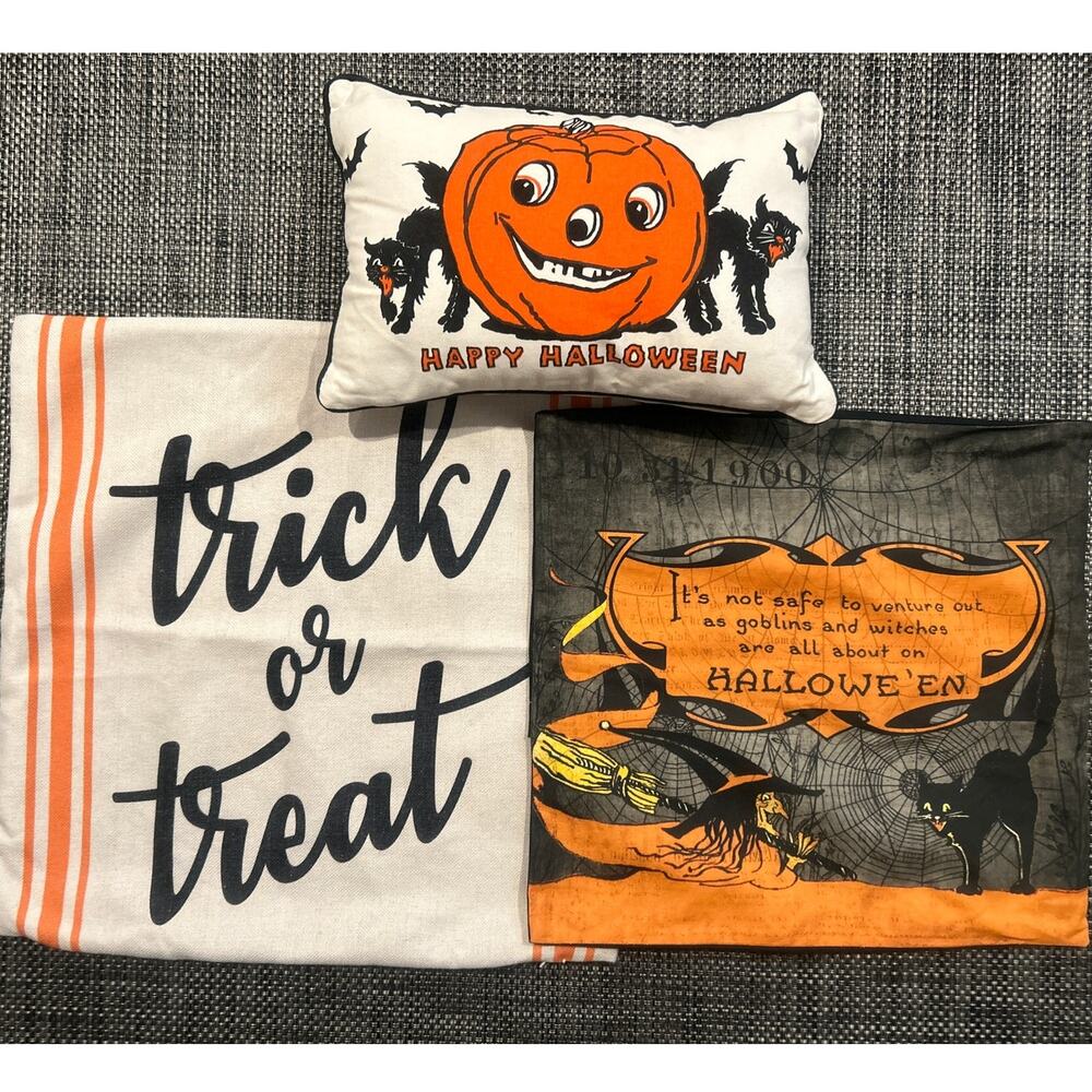 1 PRIMITIVES by KATHY Halloween Pillow + 2 extra pillow covers/cases Pumpkin Cat